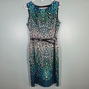 Connected Apparel Womens Teal Black Abstract Print Belt Sheath Dress 8 TJH63088M